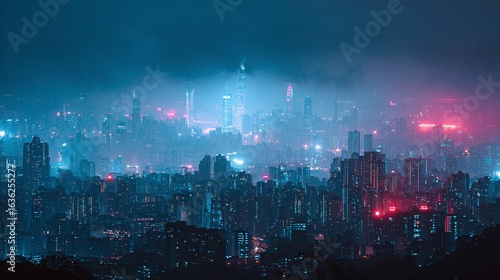 Wallpaper Mural Cityscape at Night: A dense metropolis glows with artificial light, veiled in fog and mystery, creating an enchanting urban panorama. Torontodigital.ca
