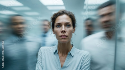 Serious woman surrounded by blurred men symbolizing workplace gender discrimination and male dominance in positions of power.