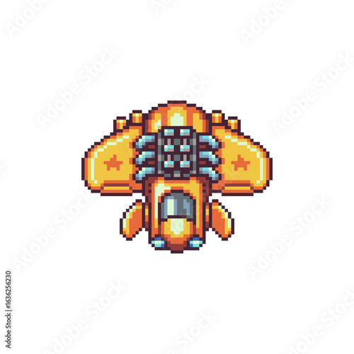 Top-down pixel art of a yellow space fighter or rocket ship, designed for retro-style arcade games. Features bright orange tones, detailed cockpit, and engine components. Games or sci-fi projects.