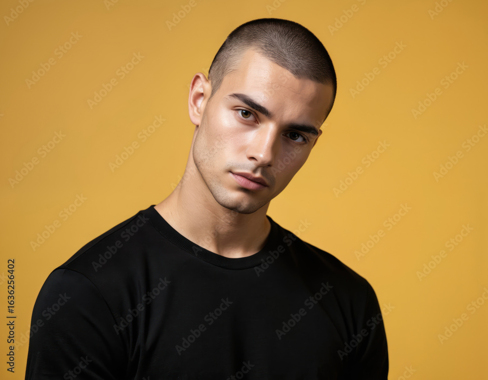 Fototapeta premium Portrait of handsome, stylish man with confident gaze. Dark-haired model strikes pose against yellow background. Attractive person exudes charm, calmness, expresses individuality. Ideal for