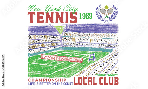 Tennis stadium painting by oil pastel. New york city local tennis club. Tennis court graphic design. Tennis club artwork for t shirt, posters, stickers, background and others. Athletic club art.