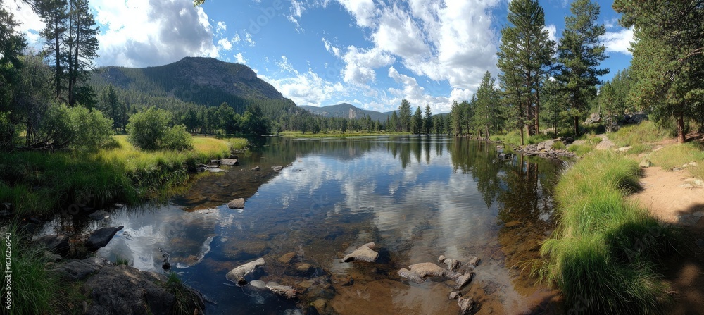 Naklejka premium Serene mountain lake reflecting a cloudy sky. Lush greenery surrounds the tranquil water's edge, with rocky shorelines and towering pines framing the vista
