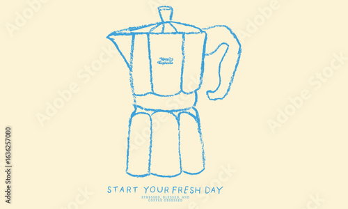 Start your fresh day. Coffee kettle design design for fashion, top, dress, graphics, slogan tee, posters and others. Coffee love club. More espresso. Oil pastel painting.