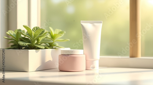 A bright and elegant image of blank cosmetic containers. A soft pink cream jar and a white skincare tube sit on a windowsill, perfect for luxury brands.