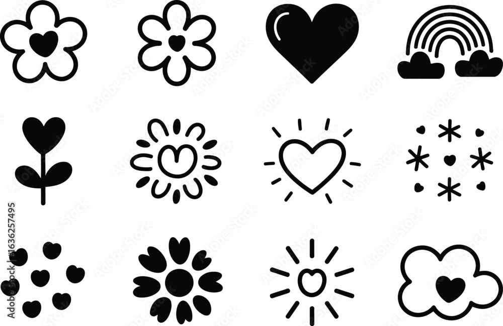 Fototapeta premium Twelve black and white doodle style icons of flowers hearts and rainbow