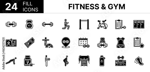 Collection of 24 Fitness & gym fill icons featuring editable strokes. These outline icons depict various modes of Fitness & gym, physical exercise, icon, line, strength training, weightlift, cardio,