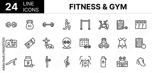 Collection of 24 Fitness & gym line icons featuring editable strokes. These outline icons depict various modes of Fitness & gym, physical exercise, icon, line, strength training, weightlift, cardio,