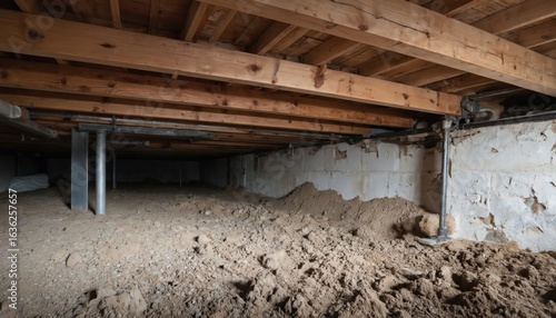 Underfloor view of residential crawl space showing wooden beams, support posts, concrete foundation walls. Earth, debris cover ground. Visible plumbing pipes, electrical wiring suggest potential