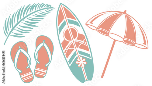 Beach summer vacation essentials vector design with surfboard umbrella and flip flops for summer fun time