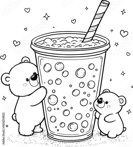 Cartoon bears with bubbly drink cup in whimsical black and white illustration featuring hearts, stars, and playful details