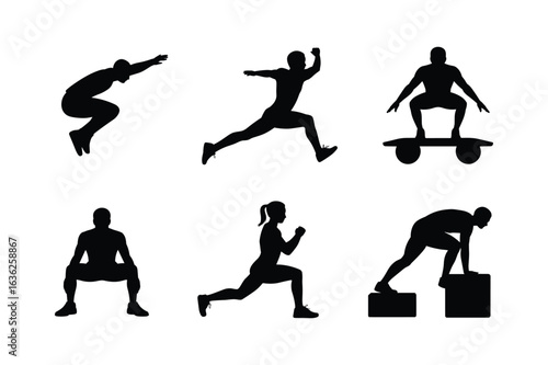Athletic figures performing various exercises in silhouette fitness workout