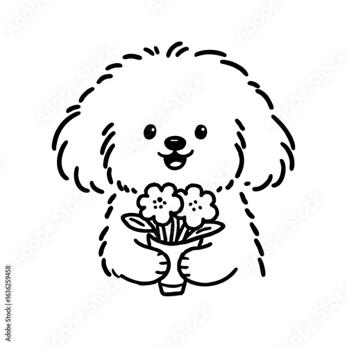A hand-drawn doodle style illustration of a cute puppy holding a bouquet of flowers. Perfect for greeting cards, children’s decor, stickers, and kawaii merchandise.