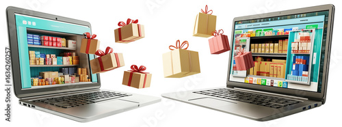 Two laptops display online stores with gift boxes emerging, symbolizing online shopping and trading. vibrant scene captures excitement of digital retail and e commerce., isolated
