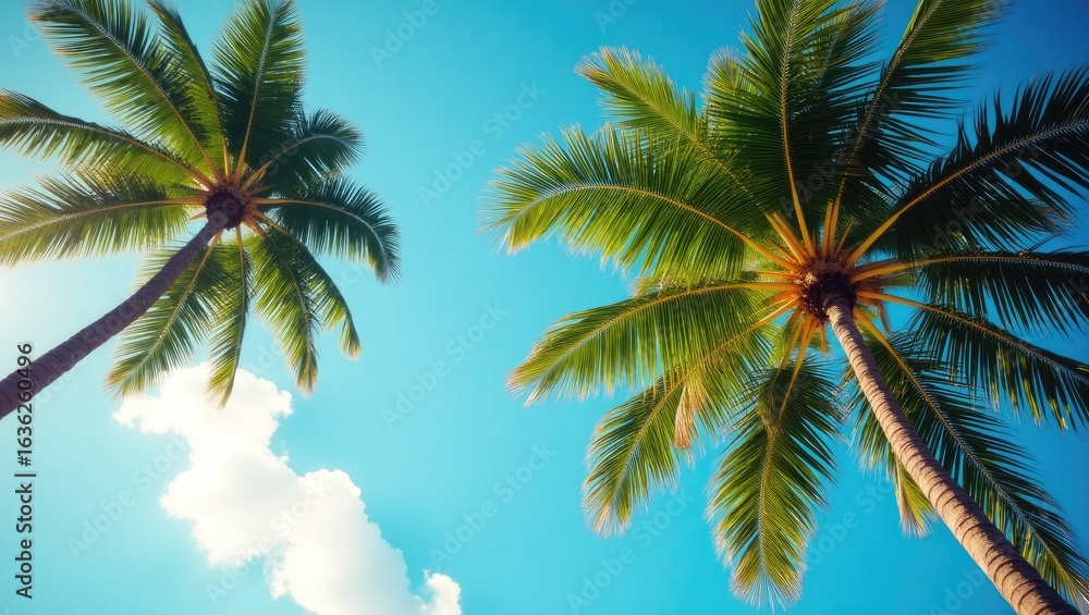 Fototapeta premium Lush tropical palm trees against a vibrant blue sky.