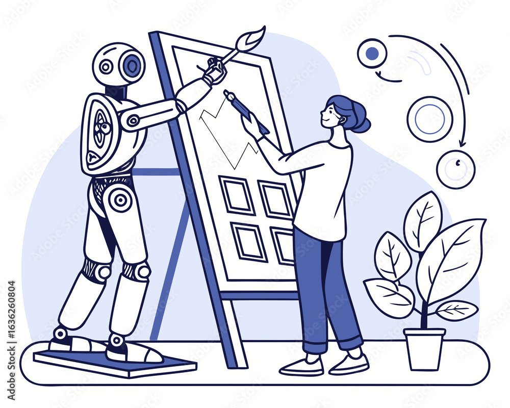Obraz premium AI and Human Collaboration Vector – Robot Hand Painting in Digital Art Studio,Creative AI Vector Illustration – Human Artist and Robot Co-Creating Art on Canvas