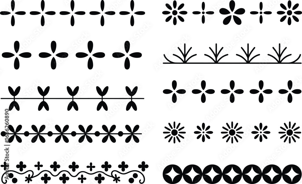 Obraz premium Collection of black and white floral and geometric border design elements