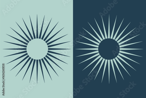 Two sunburst designs in contrasting colors on a split background with geometric radial patterns design