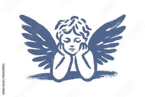 Angel with wings resting head brush silhouette vector illustration