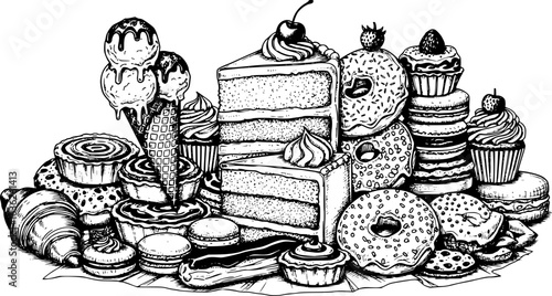 a black and white sketch of many different types of desserts, including ice cream cones, donuts, cakes, and pastries