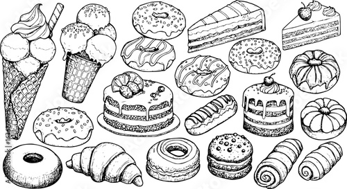 a black and white sketch of many different types of desserts, including ice cream cones, donuts, cakes, and pastries