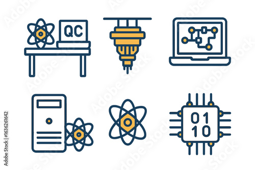 Innovative designs illustrating quantum computing concepts and technology with various elements displayed in a modern layout