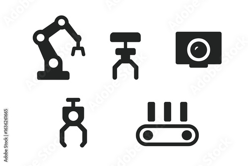 Industrial automation components including robotic arm, conveyor, and camera at a manufacturing facility