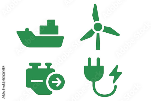 Icons representing sustainable energy sources and transportation methods in a modern eco-friendly design