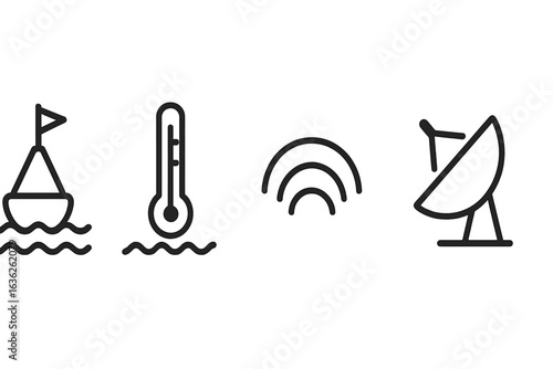 Icons representing different environmental measurements including temperature, water levels, and wave activity related to maritime settings