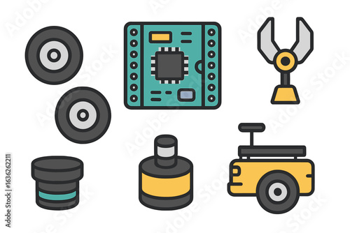 Collection of robotic components and equipment displayed on a white background for educational purposes