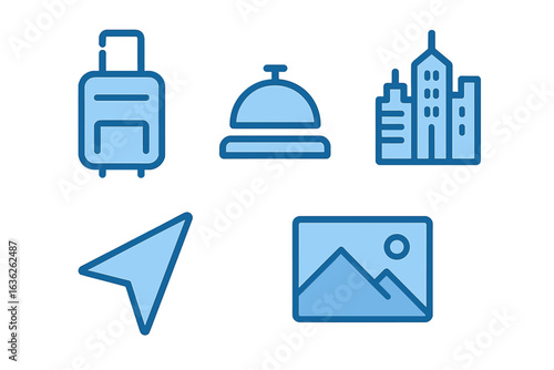 Hotel travel icons representing luggage, reception bell, skyline, navigation, and scenic view