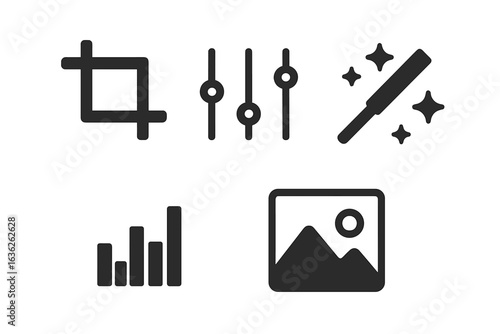 Icon set representing editing tools for digital media used in graphic design and photo enhancement