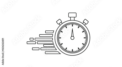 Vector illustration of line art stopwatch with motion lines indicating speed and quickness, isolated on a white background