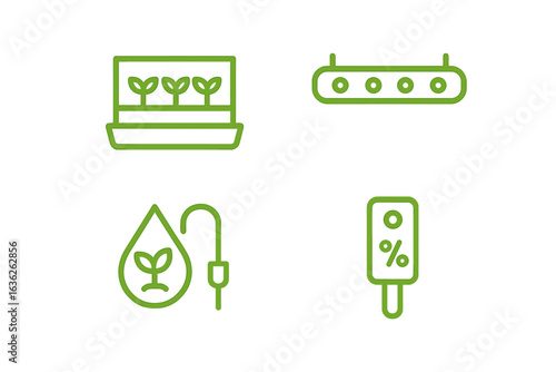 Innovative gardening technologies showcased in green illustrations highlighting plant growth and irrigation systems