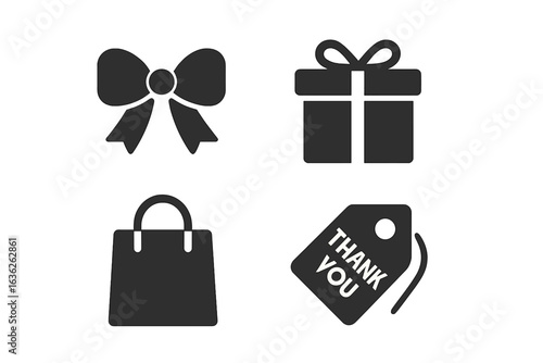 Gift wrapping essentials featuring a bow, present, bag, and thank you tag for festive occasions and celebrations