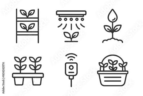 Gardening equipment and tools for indoor plant care featuring watering systems and growth support