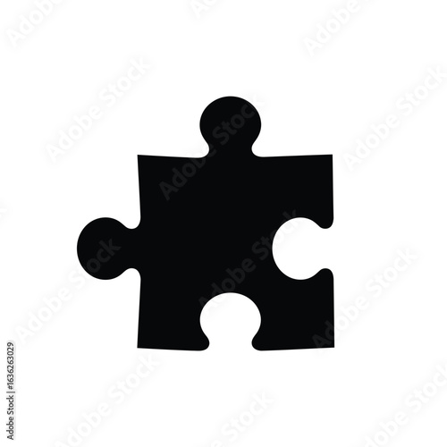 Vector illustration of a single black jigsaw puzzle piece with a cutout and a tab, isolated on a white background, symbolizing solutions