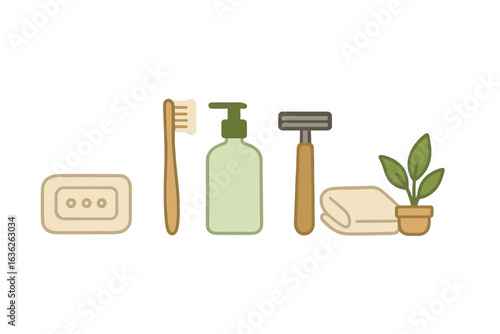 Daily personal care essentials displayed with a toothbrush, soap, lotion, razor, towel, and a small plant