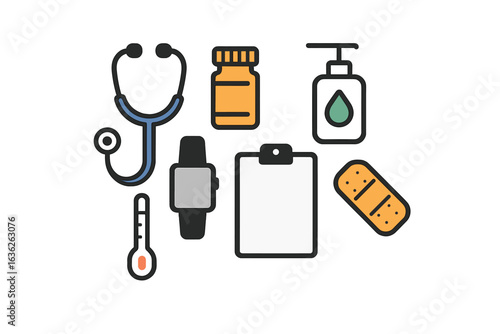 Medical supplies and tools arranged for healthcare purposes in a minimalistic style