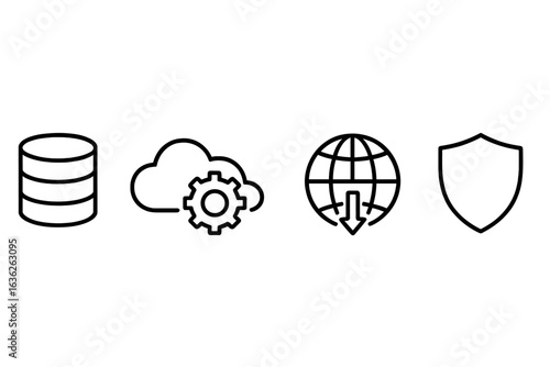Icons representing data management, cloud services, global access, and security measures for digital systems and networks
