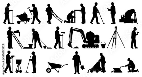 Diverse Construction Workers Engaged in Various Building Tasks with Equipment and Tools