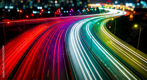 Colorful light trails on a highway at night long exposure