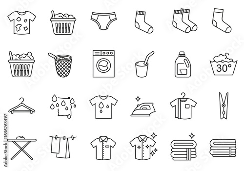Collection of Laundry Icons Illustrating Washing Drying and Ironing Clothes and Household Items