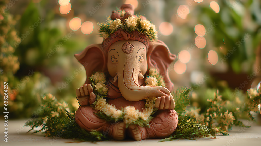 Fototapeta premium Lord Ganesha with floral crown and forest decoration - Happy Ganesh Chathurthi