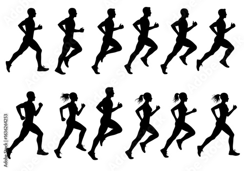 Series of Silhouettes Depicting Men and Women Running in Motion Capturing Athletic Activity and Fitness