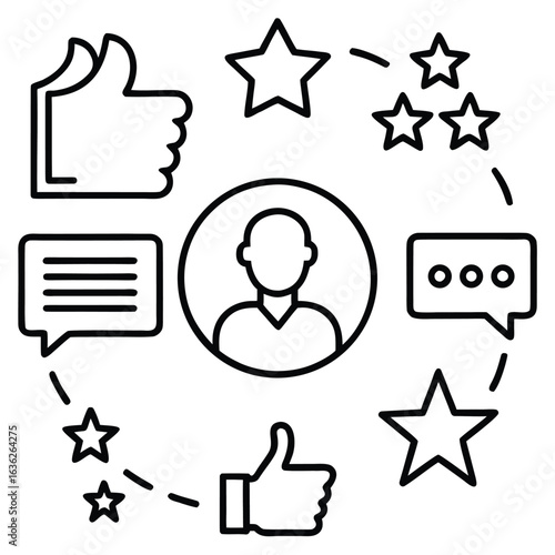 Customer Feedback Outline: Man in Circle Surrounded by Star Ratings, Thumbs Up, and Speech Bubbles Representing Reviews and Opinions.                 
