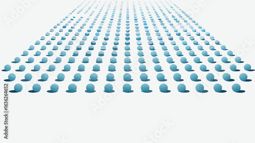 Array of light blue spheres with shadows arranged in a grid pattern on a white surface receding into distance