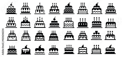 Diverse Collection Of Black And White Birthday Cake Icons dessert food
