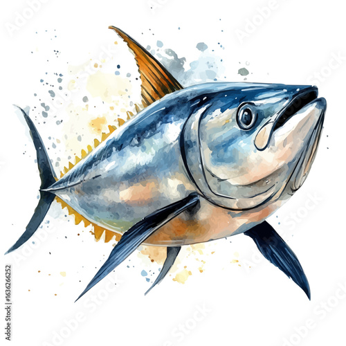 watercolor vector of Bluefin Tuna, isolated on a white background.