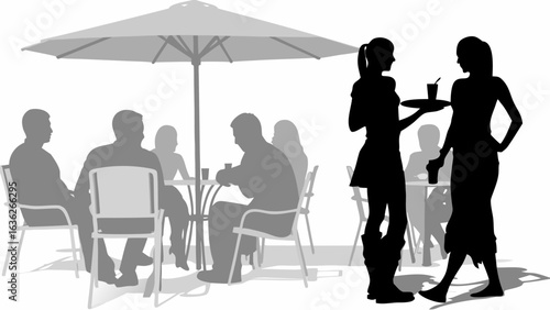People sitting at tables under an umbrella and waitresses serving drinks at an outdoor cafe scene image silhouette