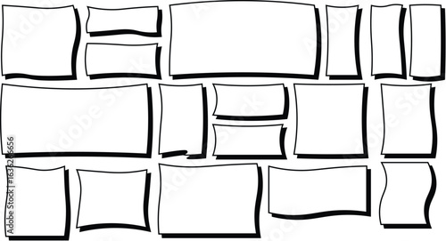 Empty Hand-Drawn Irregular Frames & Borders with Drop Shadow. Comic Book Style White Panels for Text or Design Elements on Blank Background.
